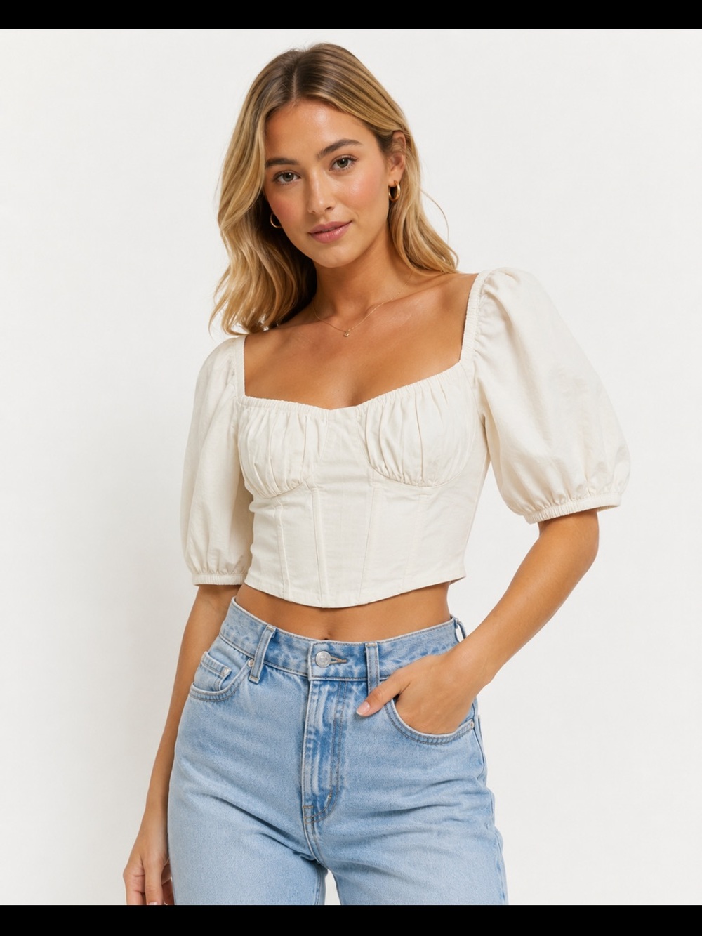ASTR The Label Ivory Corset Puff Sleeve Linen Blend Crop Top Size S - Picture 1 of 10